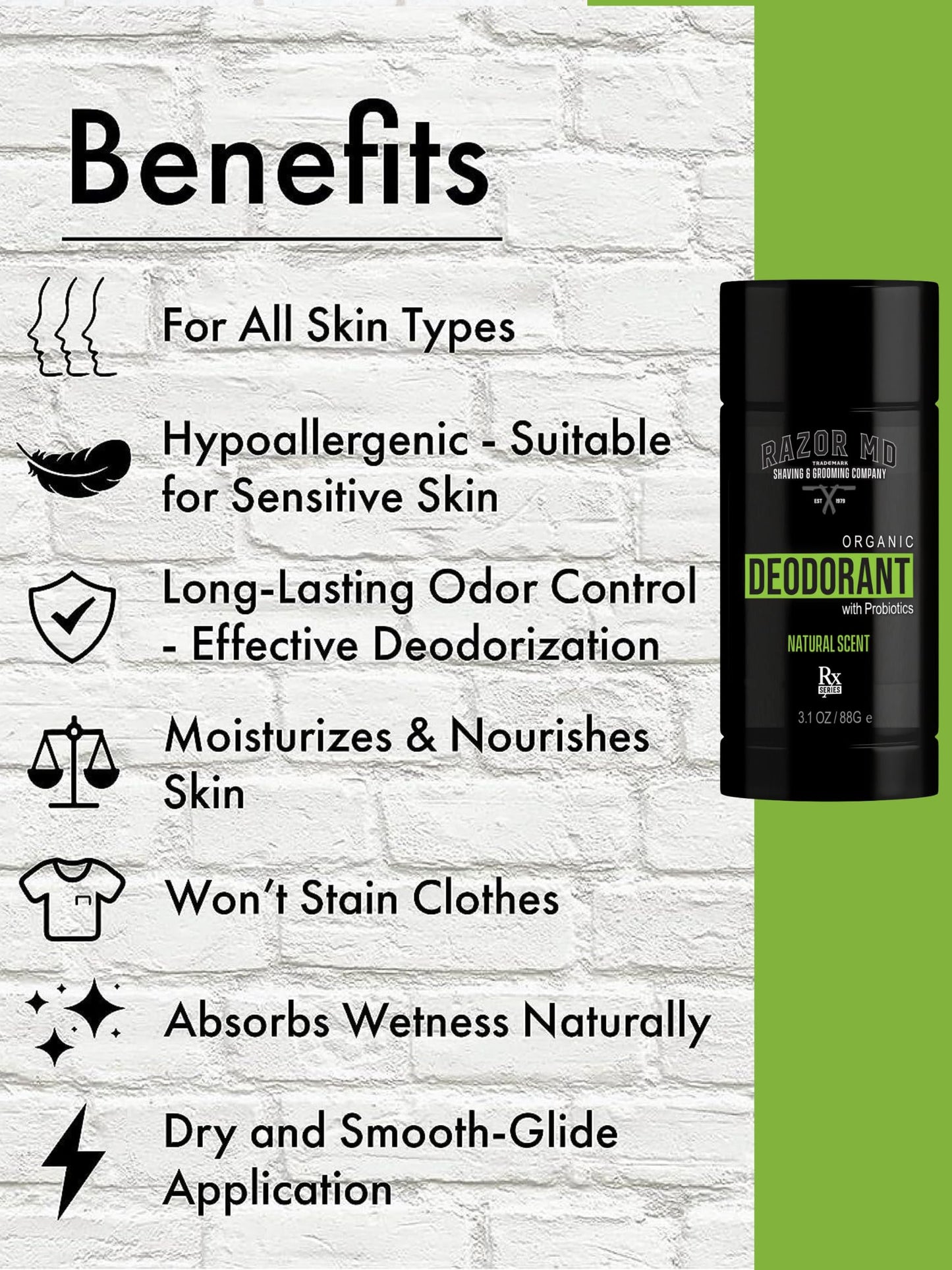 Razor MD Deodorant with Probiotics, Underarm Skincare Deo for Men, 3.1 oz
