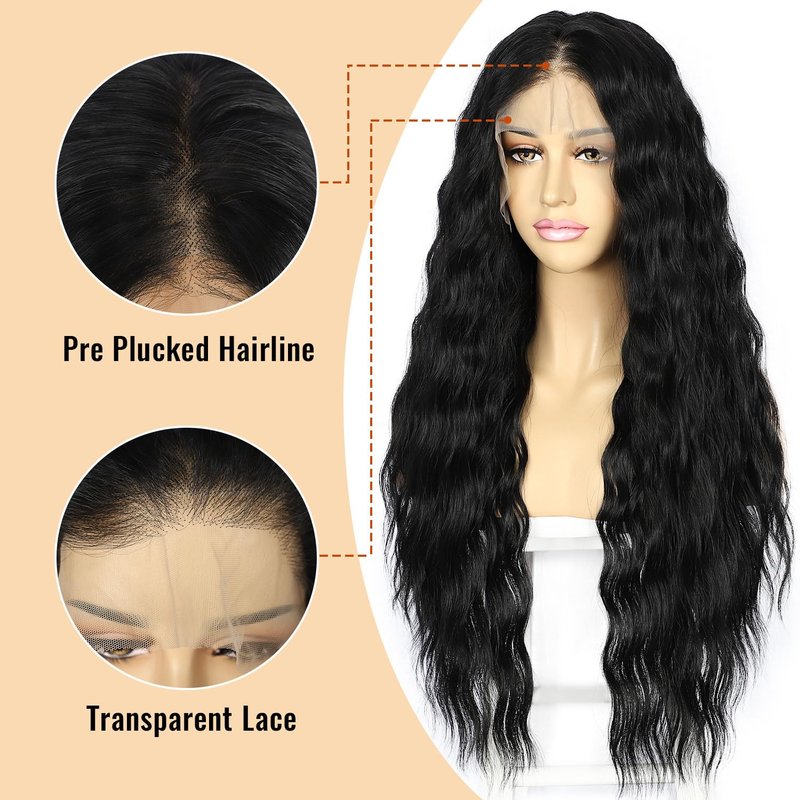 SAPPHIREWIGS 13×4 Black Lace Front Wigs Loose Wave Wig Pre Plucked Hairline Synthetic Lace Frontal Crimp Curly Wigs for Black Women Cosplay Daily Party Use 30 inch