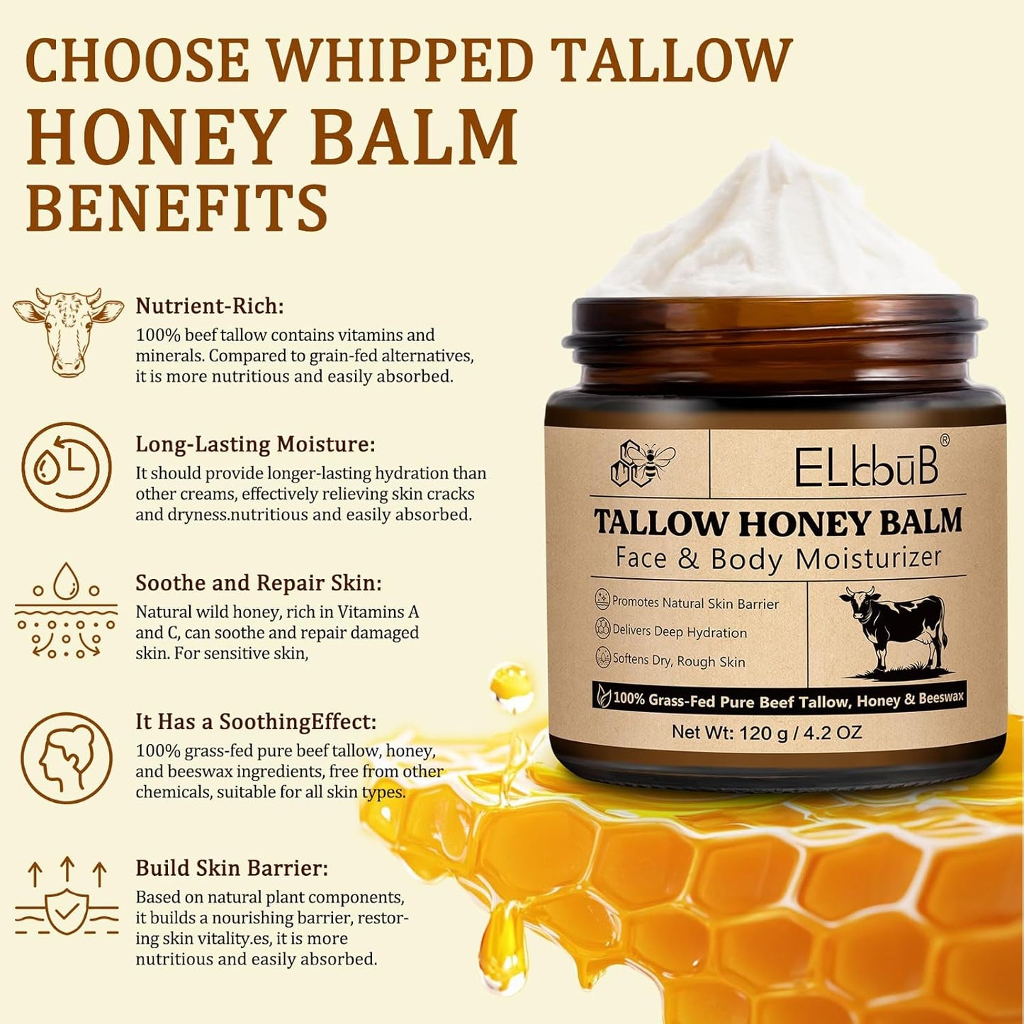 Whipped Tallow Cream for Face & Body - Grass-Fed Beef Tallow, Natural Honey & Beeswax Moisturizer | Deep Hydration, Oil-Free, Unscented