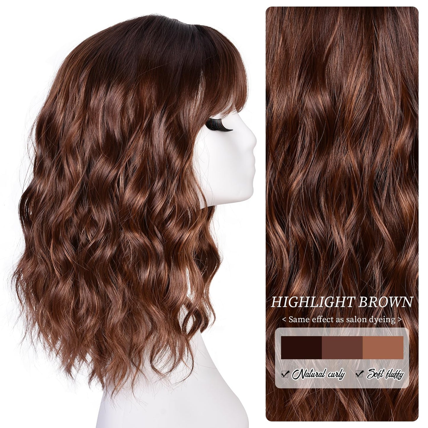 Short Bob Wavy Wig for Women - 18-Inch Highlight Brown Wig with Bangs | Shoulder-Length Hair for Halloween & Daily Wear