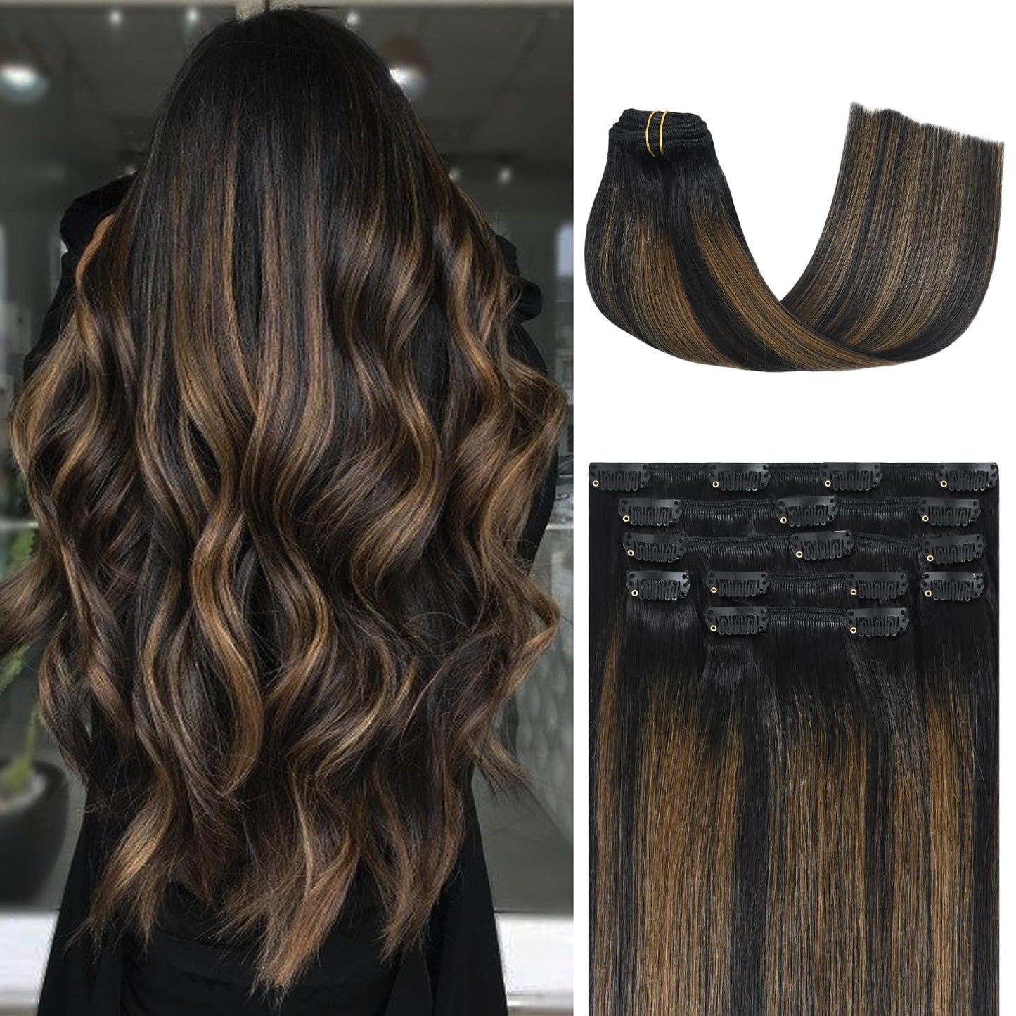 Honsoo Clip In Hair Extensions Real Human Hair Natural Black to Chestnut Brown 70g 7pcs 12inch Short Remy Human Hair Seamless Clips Soft Hair No Tangles