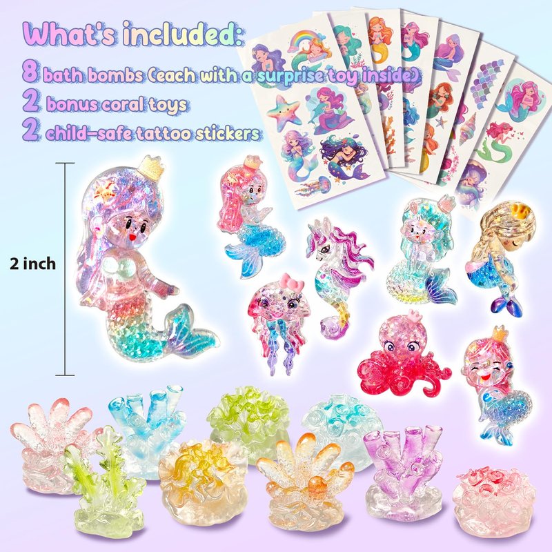 Clear&Fresh Mermaid Bath Bombs for Kids with Surprise Toys Inside, 9 Extra Large Bath Salts with Calming and Long-Lasting Scent, Natural Bubble Bath Bombs for Girls Sensitive Skin