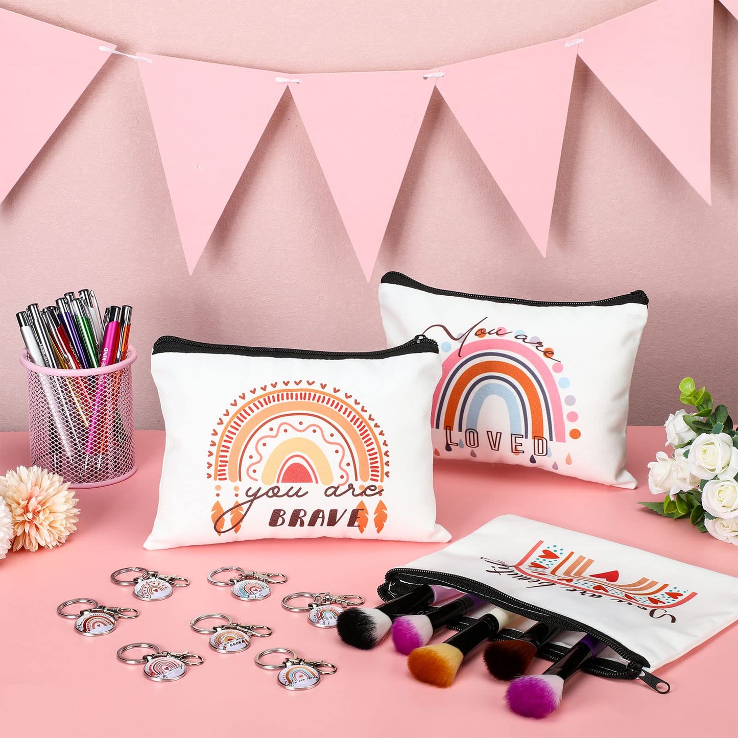 Chunful 36 Pcs Rainbow Canvas Makeup Bags Inspirational Gifts Bulk Keychains and Pastel Pens Motivational Cosmetic Bag for Mom Women Mother's Day Appreciation Gifts Birthday Party Favors