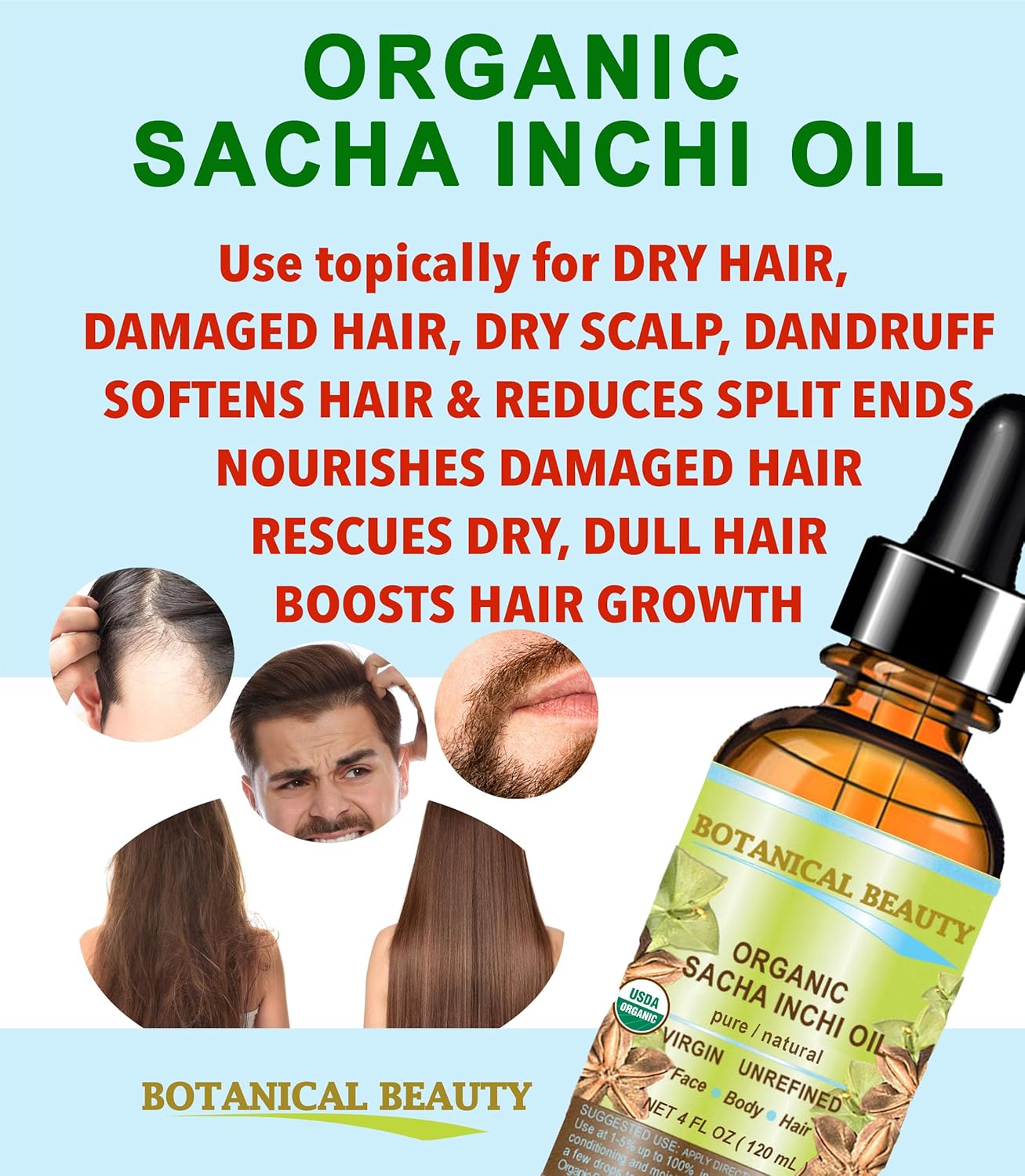 Organic Sacha Inchi Oil - 100% Pure Virgin Cold Pressed Carrier Oil for Face, Skin & Hair | 4 Fl Oz (120 ml)