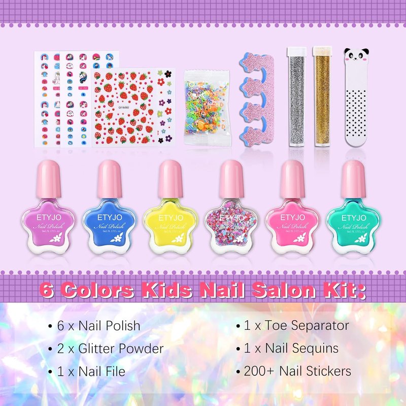 Kids Non-Toxic Nail Polish Set - Water-Based Peel Off Quick Dry 6 Colors | Perfect Birthday Gift for Ages 3+