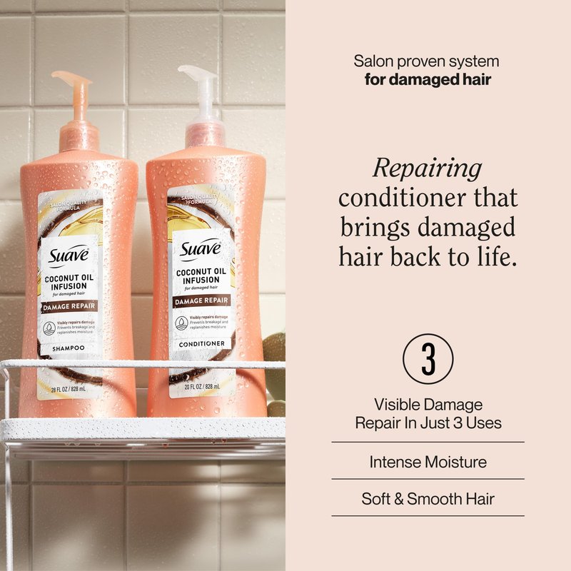 Suave Coconut Oil Infusion Conditioner for Damaged Hair, Salon-Proven Damage Repair System, Hydrates & Moisturizes for Visible Repair in 3 Uses, 28 FL OZ Pump, 4 Count