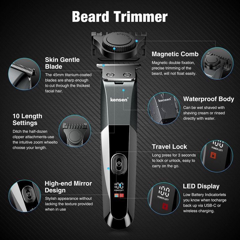 KENSEN Adjustable Beard Trimmer for Men - Professional Electric Trimmer with Ceramic Blades, Mustache Trimmer for Men 1-5mm Length Settings IPX6 Waterproof 90 Min Runtime Gifts for Men