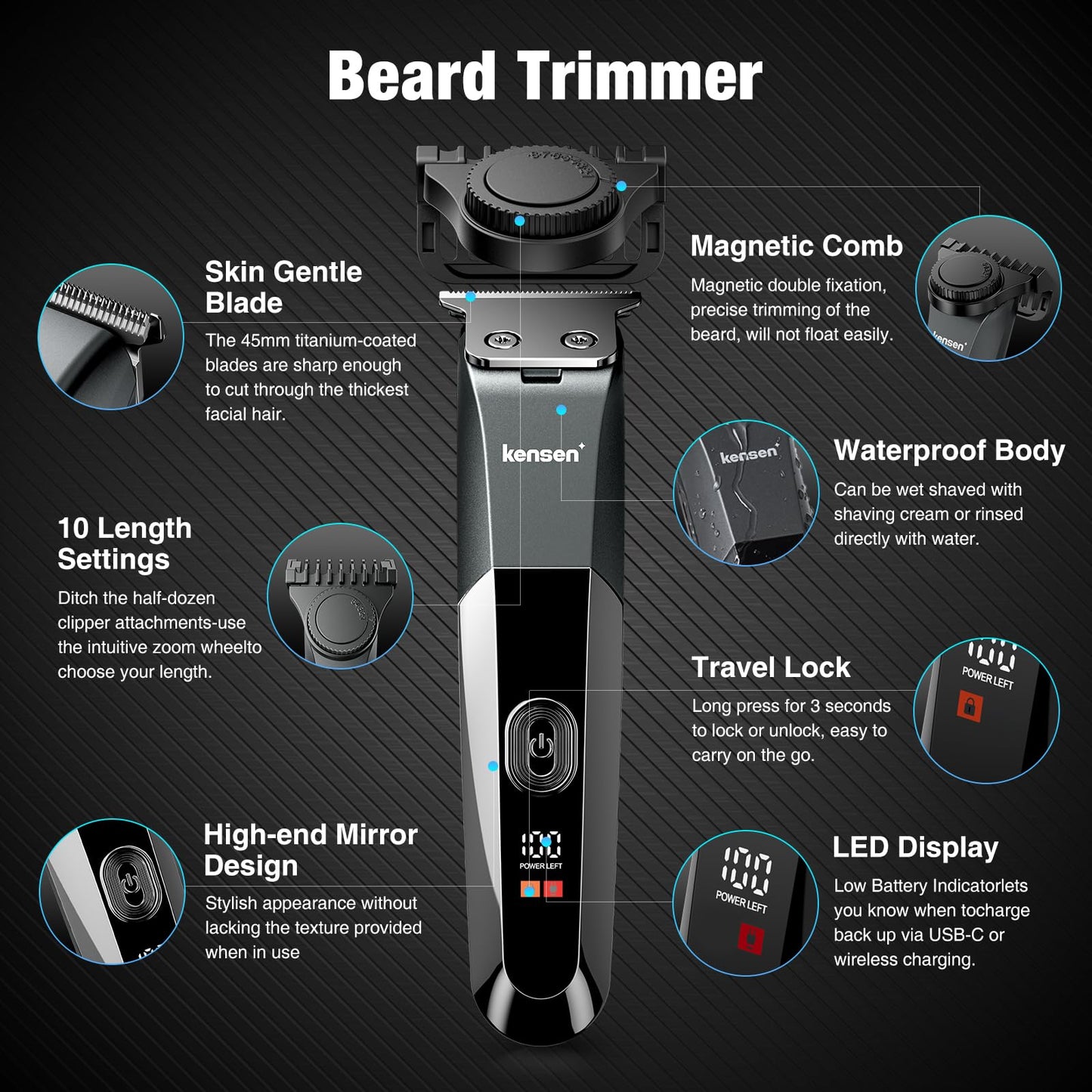 KENSEN Adjustable Beard Trimmer for Men - Professional Electric Trimmer with Ceramic Blades, Mustache Trimmer for Men 1-5mm Length Settings IPX6 Waterproof 90 Min Runtime Gifts for Men