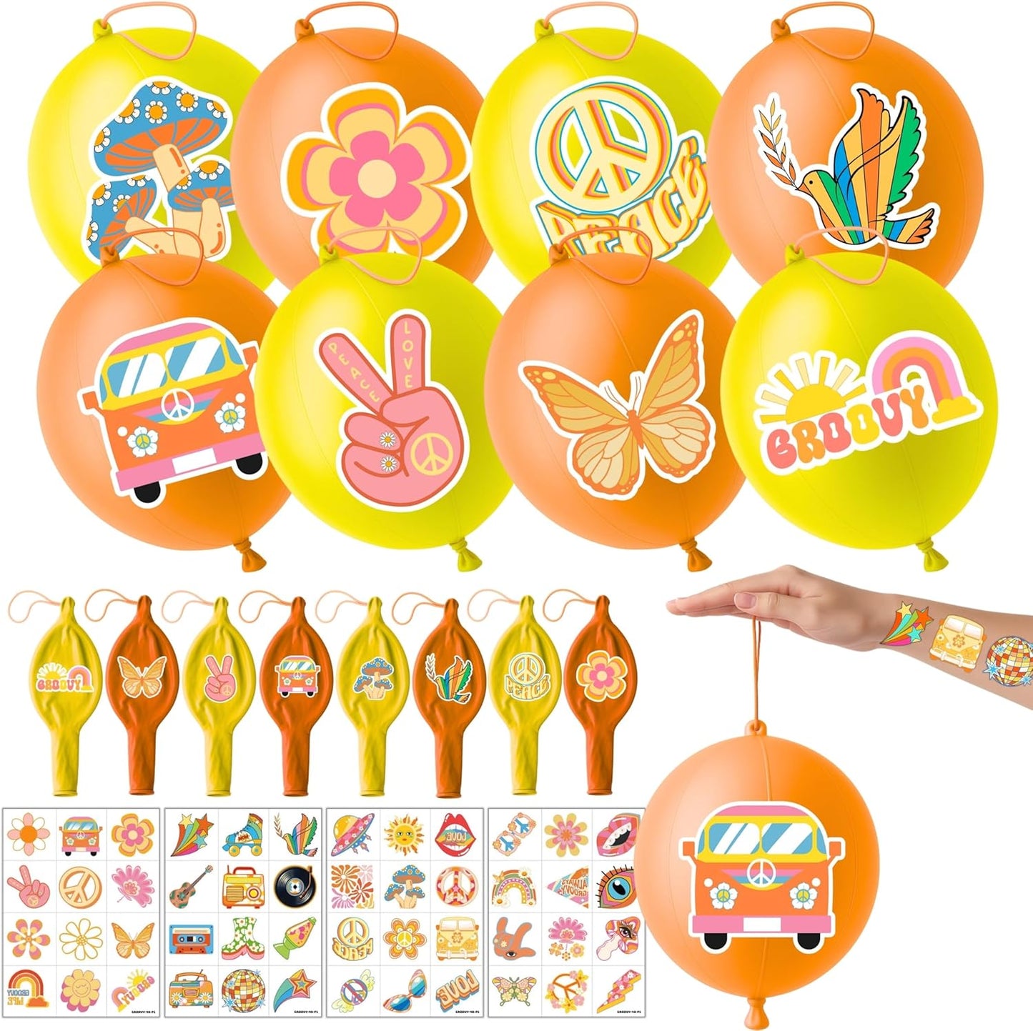 Groovy Party Favors - 72 PCS Set with 48 Pre-Cut Temporary Tattoos & 24 Punch Balloons | Birthday Decorations & Goodie Bag Fillers