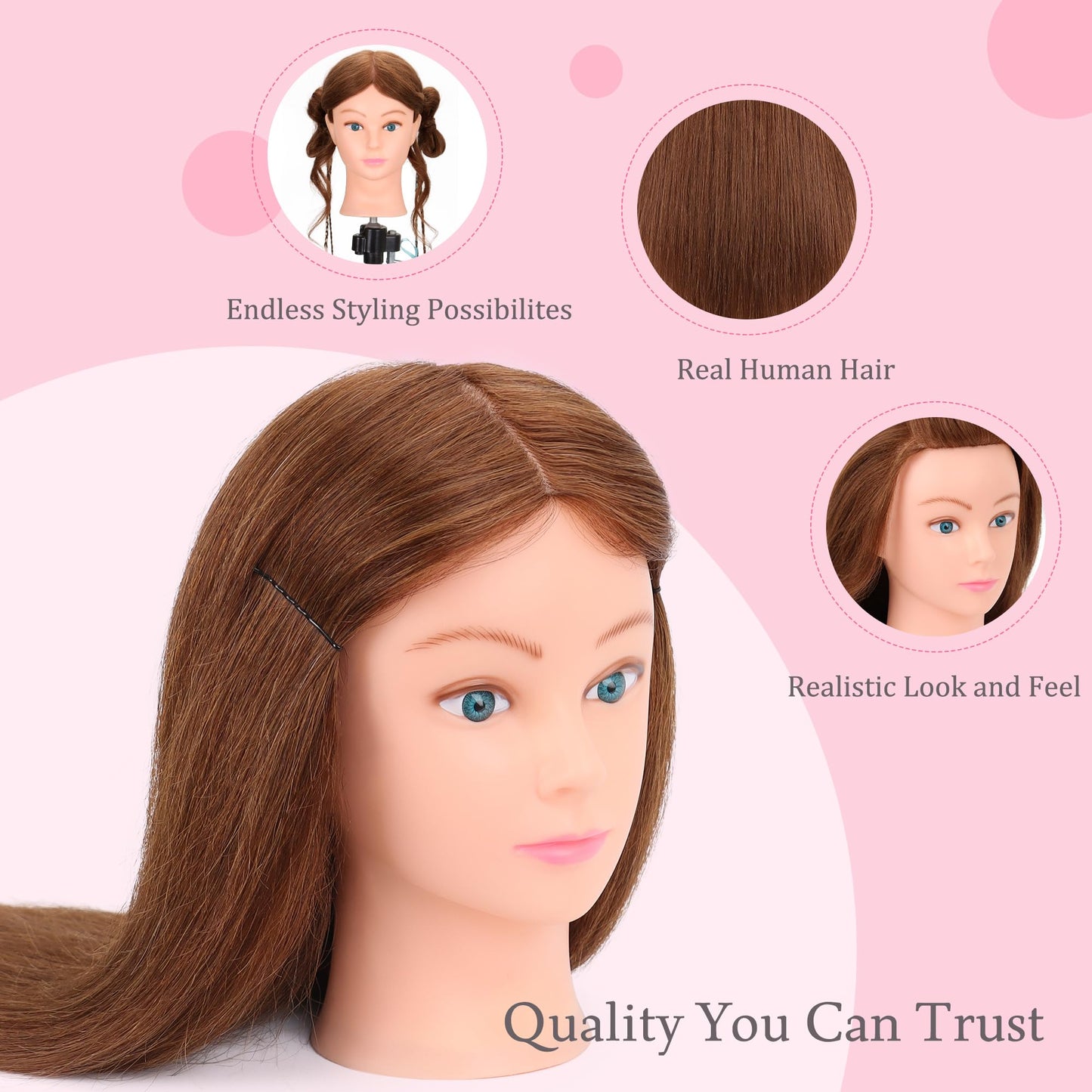 Mannequin Head Human Hair with Tripod Stand 22"-24" Female 100% Human Hair Mannequin Head Hair Styling Cosmetology Manikin Head Doll Head for Hairdresser with Clamp Holder and Tools (#4 Set)