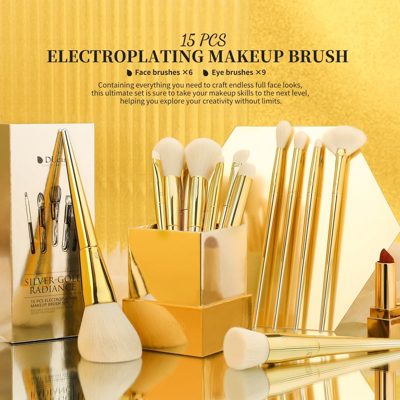 DUcare 15 Piece Professional Makeup Brush Set, Silver-Gold Radiance Synthetic Brushes for Full Face & Eye, Complete Cosmetic Kit with Reusable Storage Holder