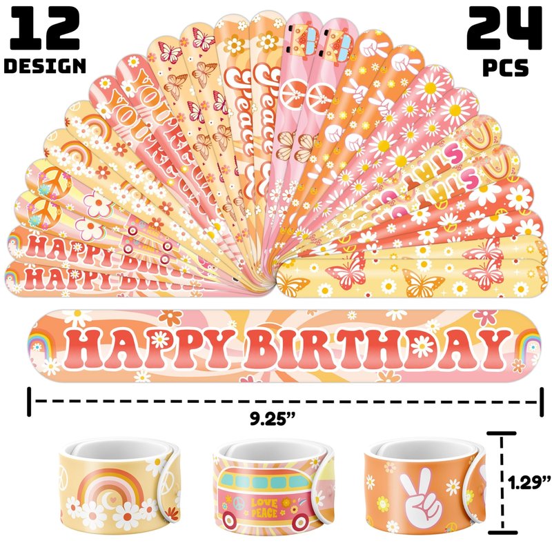 Cherisnowy 48PCS Groovy Party Set - 24PCS Temporary Tattoos & 24PCS Slap Bracelets - 70s Retro Birthday Supplies, Baby Shower Gifts, Classroom Rewards & Party Decor for Kids (Boys & Girls)