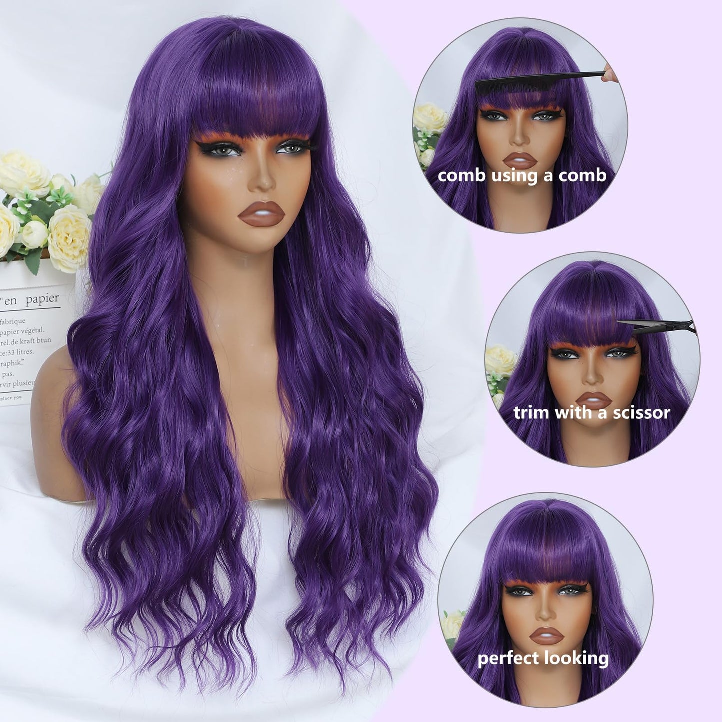 MINSEEYOO Dark Purple Wig with Bangs for Women Long Purple Wavy Wigs 26 Inch Dark Purple Wigs Natural Looking Heat Resistant Synthetic Wig for Daily Party Use