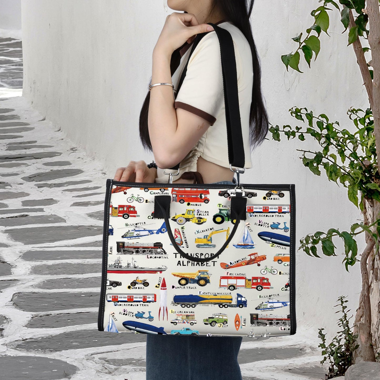 LEVLO Transport ABC Canvas Tote Bag Vehicle Alphabet Gift Transport Alphabet Shoulder Bag Car A-Z Merchandise (Transport LT)