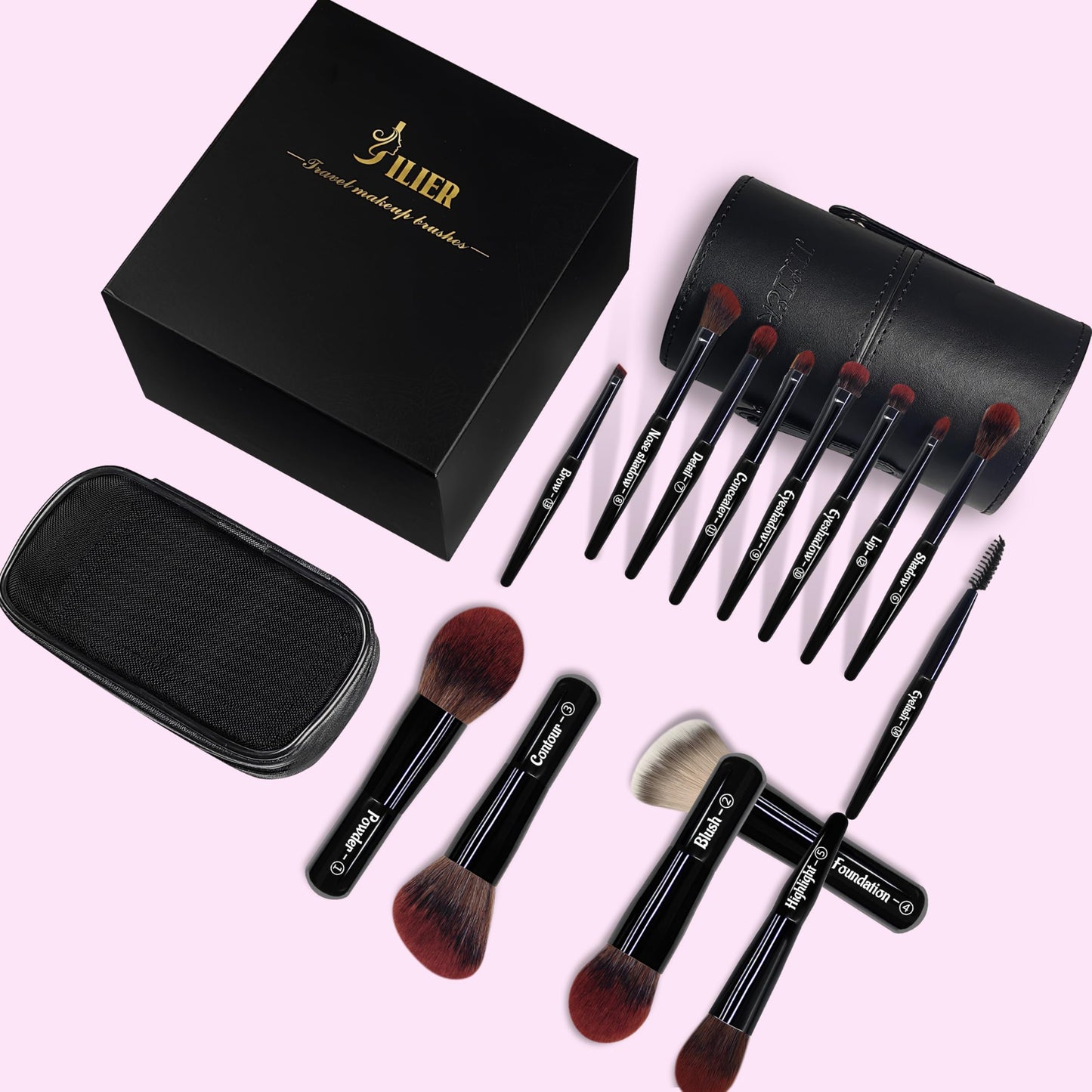 Jilier Travel Makeup Brush Set, 14 pcs Mini Makeup Brushes for Foundation, Powder, Eyeshadow, Highlight, Contour, Blush & Concealer, Small Makeup Brush Set Purse Size with Case