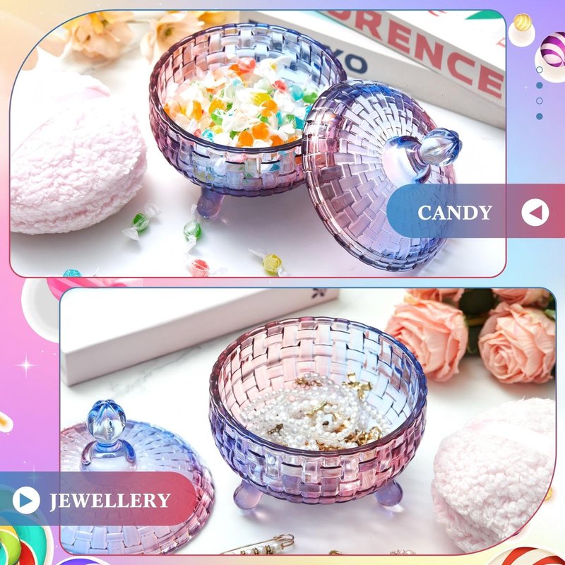 Tioncy 2 Pcs Extra Large Dusting Powder Puff and Container for Women-6'' Glass Crystal Dusting Powder Container with Body Soft Washable Reusable Velour Face(Gradient,Weave Design)