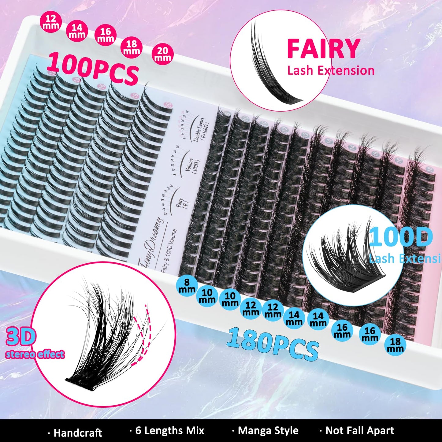 Lash Clusters Kit with Spikes 100D Wispy Long 8-20mm Lash Spikes DIY Thick Cluster Eyelash Extensions Spiky Manga Individual Lashes 280pcs Fairy with Bond & Seal, Tweezers