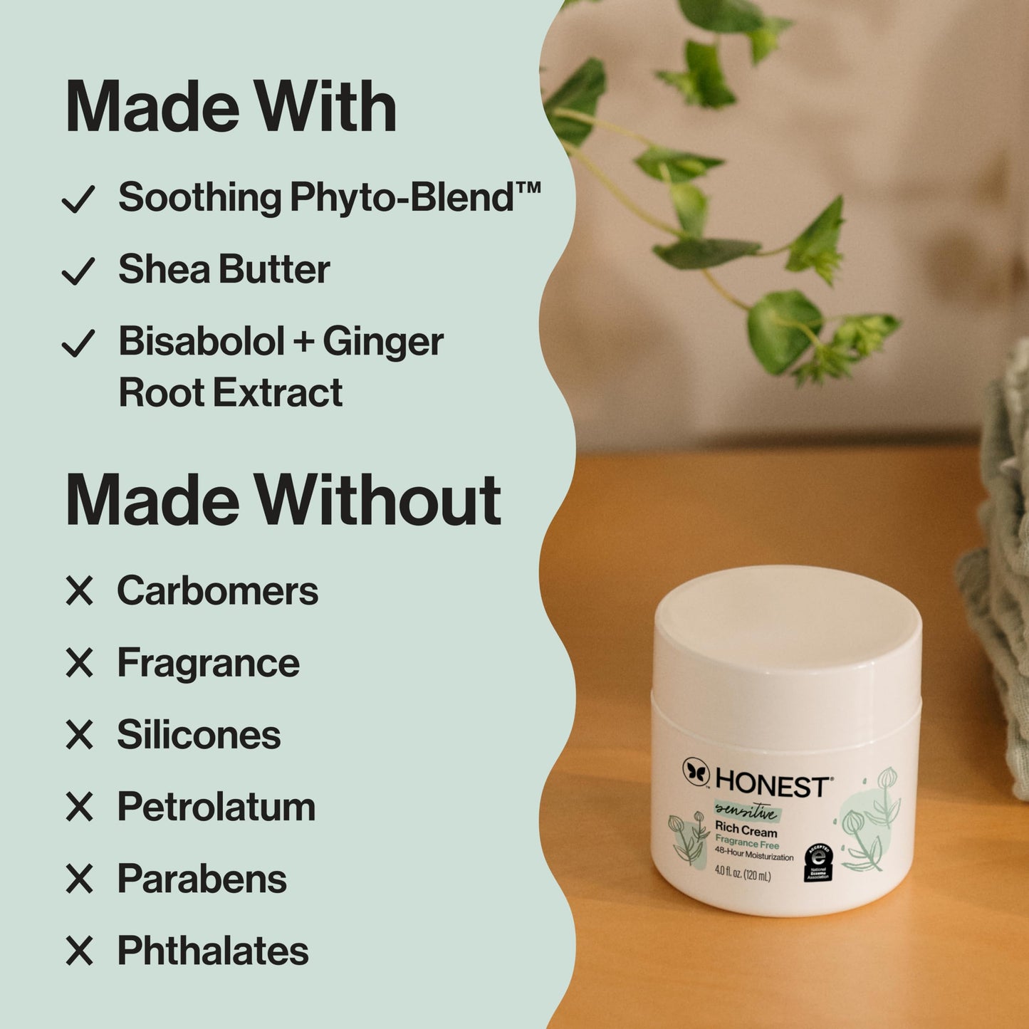 The Honest Company Sensitive Skin Rich Cream, Shea Butter, Blend of Bisabolol + Ginger Root Extract, Safe for Baby's Sensitive Skin, Dermatologist Tested, Hypoallergenic, Fragrance Free, EWG Verified