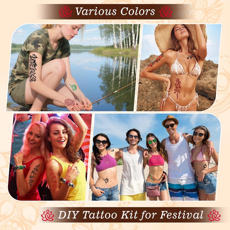 Temporary Tattoo Stencils Kit - 4 Pcs Tattoo Cones 3 Colors Ink (Brown,2* Black,Maroon) |Tattoo Stencils Kit Includes Reusable Stencils, & Gloves | DIY Body Art for Kids & Adults Party Gifts