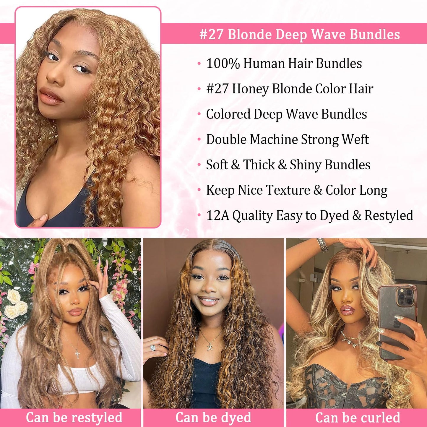 #27 Blonde Deep Wave Human Hair Bundles 20 Inch 12A Brazilian Human Hair Curly 1 Bundle Honey Blonde Wet and Wavy Bundles for Black Women