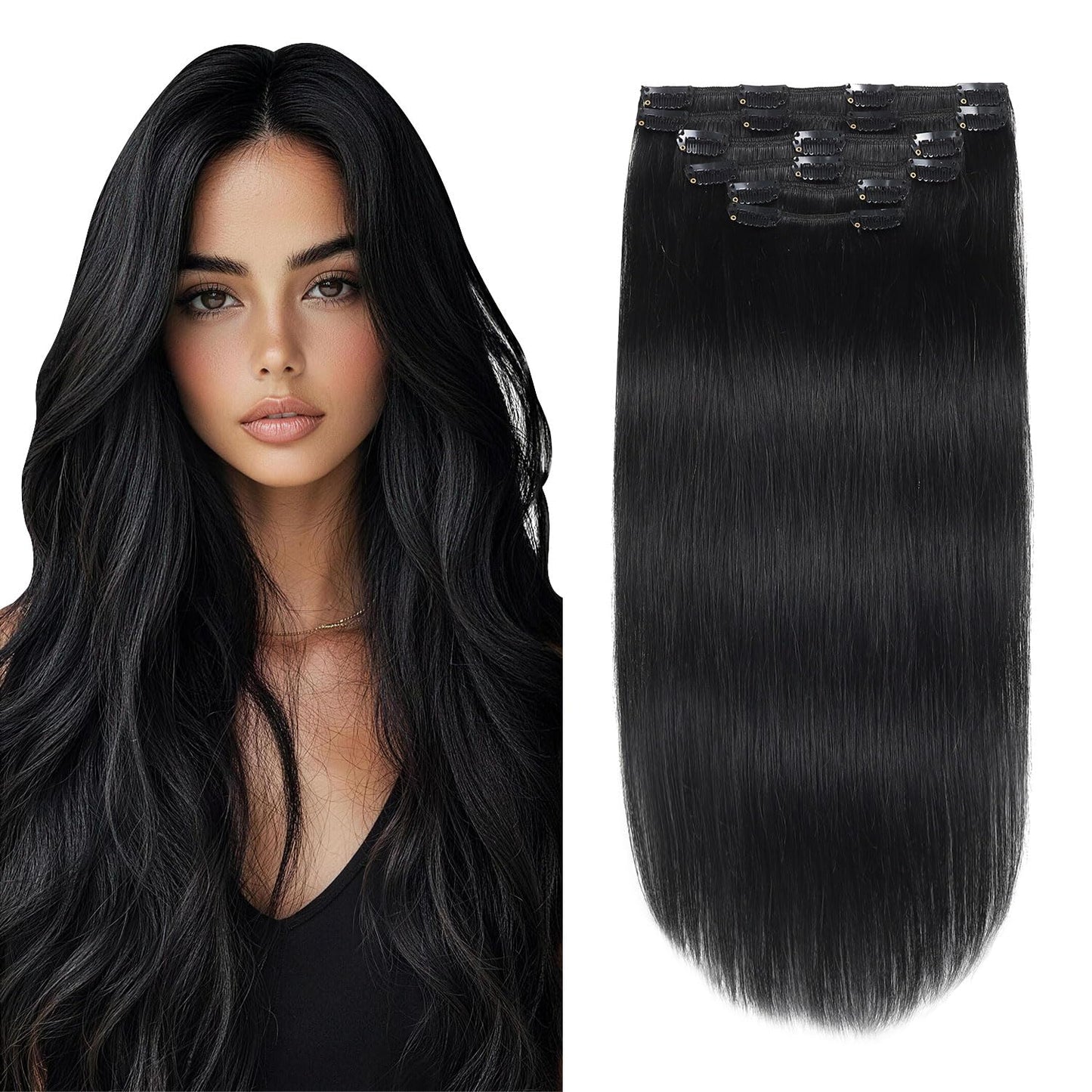 XDhair Black Clip in Hair Extensions Human Hair 100g 14Inch Black Clip in Hair Extensions 6Pcs Straight Real Hair for Women (#1,14Inch)