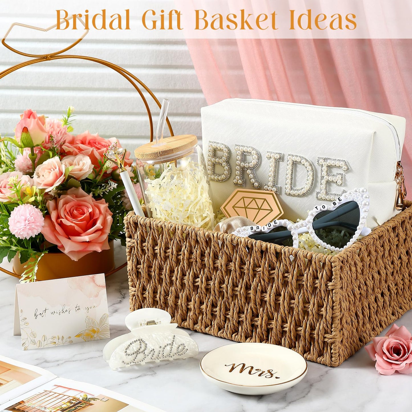 LemonRoad 11 Pcs Bride Gifts Basket Set for Bridal Shower Bachelorette Party Heart Glasses Glass Cup Makeup Bag Bracelet Claw Clip Scrunchies Card Bride to Be Box Wedding Engagement Gifts for Her