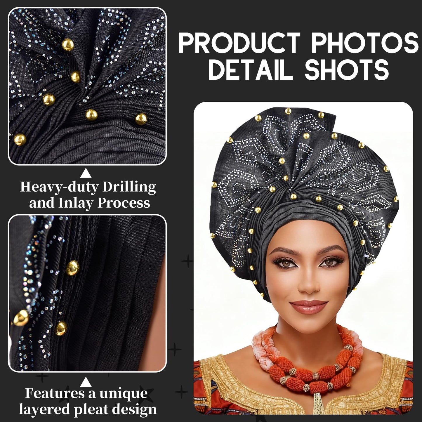 Nigerian headwear African headscarf,Auto Gele headband,hand wrap beaded - made for weddings parties events (Golden)