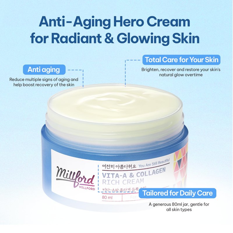 Millford Vita A & Collagen Rich Cream 80ml/2.7 Oz, Fish/Marine Collagen, Face Cream, Anti Aging, Facial Moisturizer, Wrinkes, Fine Lines, Retinyl Palmitate, Korean Skincare