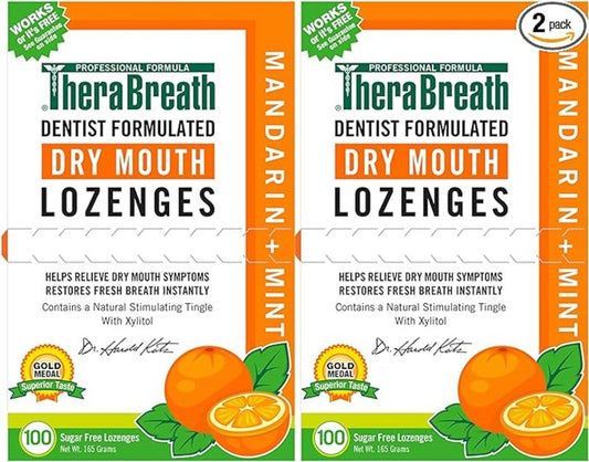 TheraBreath Dry Mouth Lozenges, Mandarin Mint, 100 Count (Pack of 2) & 24 Count Sugar-Free Dentist Formulated for Dry Mouth Relief