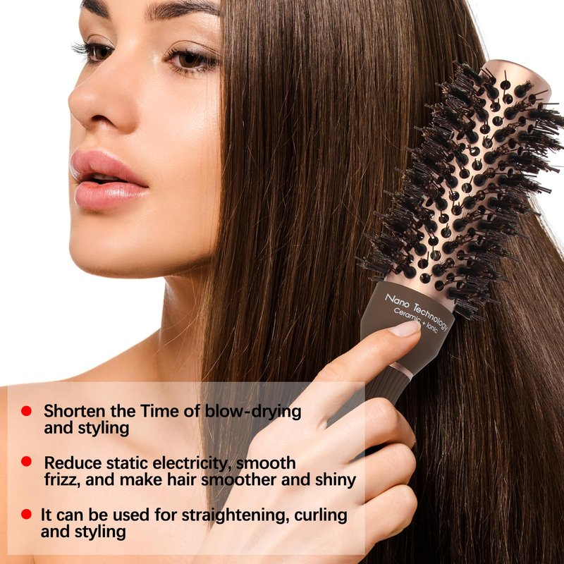 FIXBODY Round Hair Brush with Boar Bristles, Nano Thermal Ceramic, Ionic Tech and Anti-Static, Roller Hairbrush for Blow Drying, Curling, Straightening (2.5 inch, Barrel 1.25 inch)