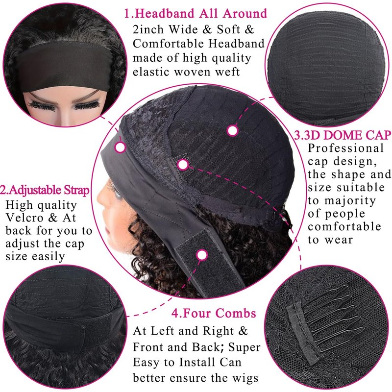 Bellarayine Deep Wave Human Hair Headband Wig 12 inch Non Lace Front Wig Machine Made Wigs Glueless Curly Hair Headband Half Wigs for Black Women Natural Color