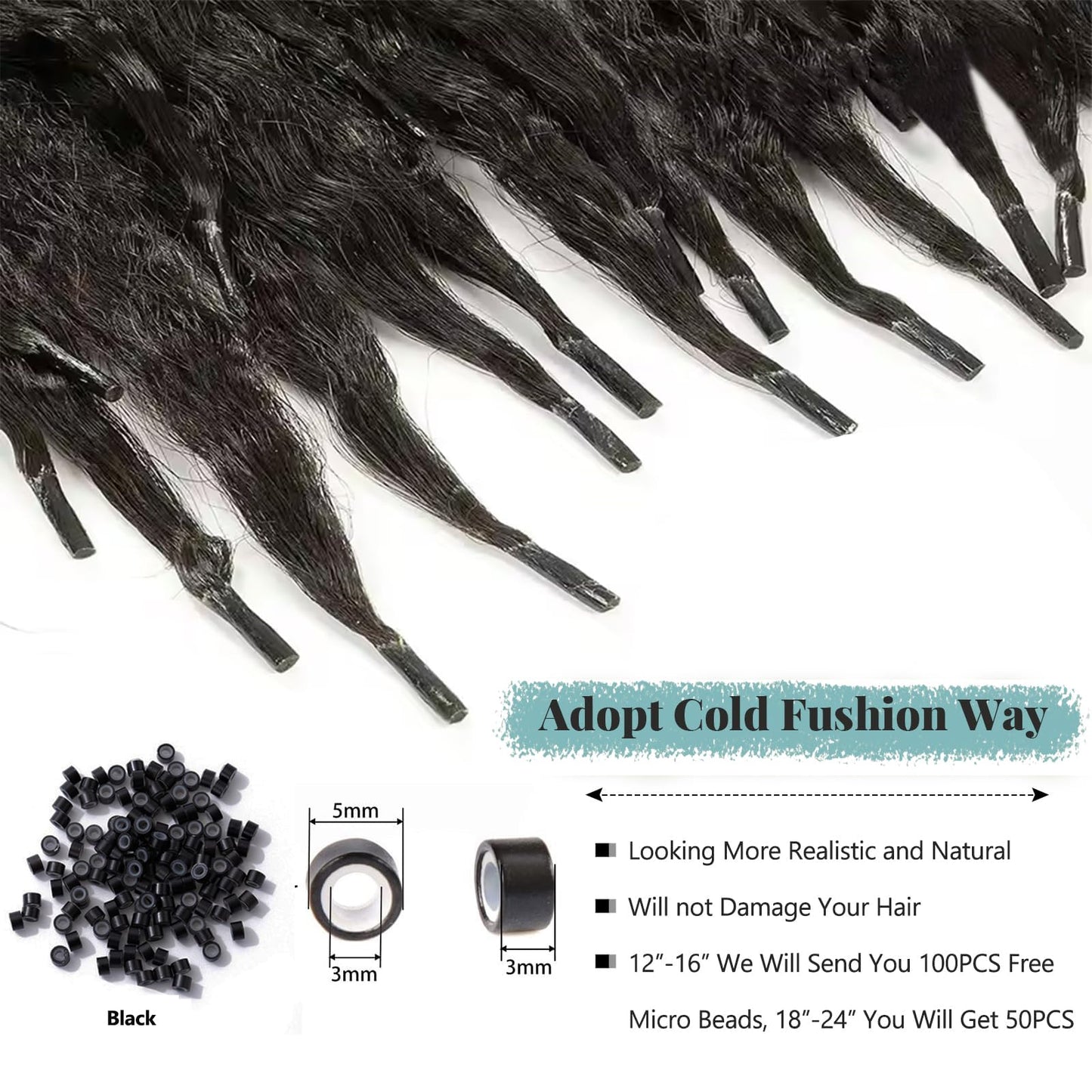 Kinky Curly I Tip Human Hair Extensions 0.5g/s 100 Strands 50g/pack Keratin Cold Fusion I Tip Hair Extensions Hair Piece #1B Natural Black Pre Bonded Itips Hair, 2-3 Packs for Full Head 18in