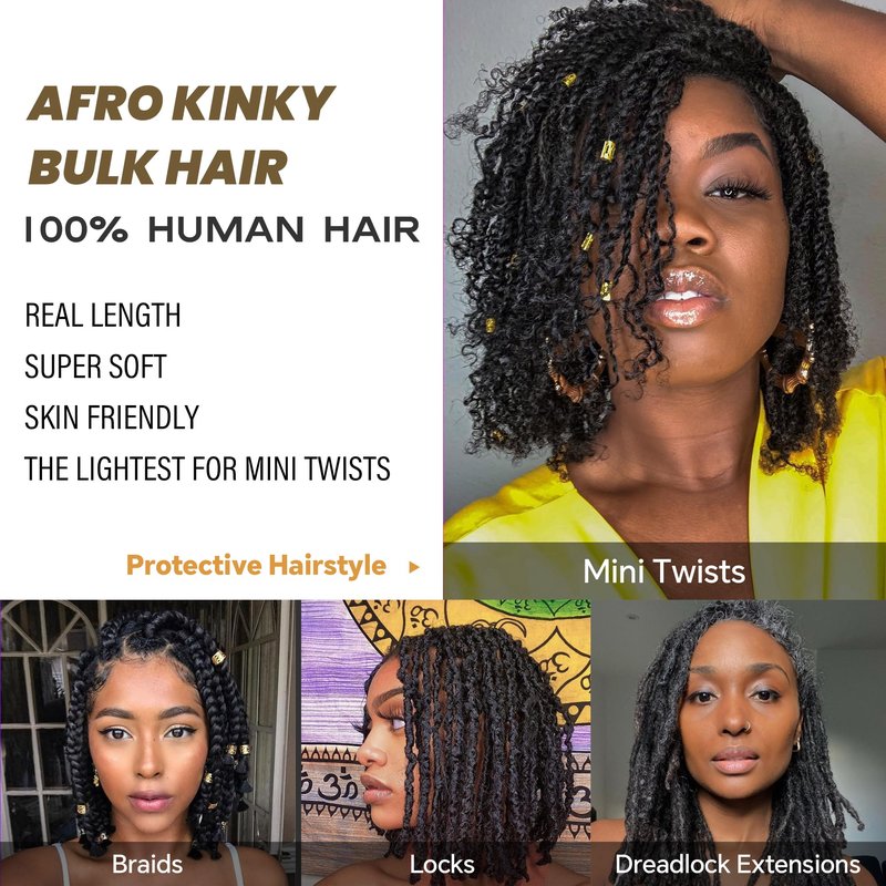 Afro Kinkys Bulk Human Hair -100% Real Human Hair for Mini Twist, Braiding, Loc Extensions & Crochet, Kinky Curly Hair Bundles, Natural Afro Bulk for Dreadlocks(99J, 16 Inch(Pack of 1))