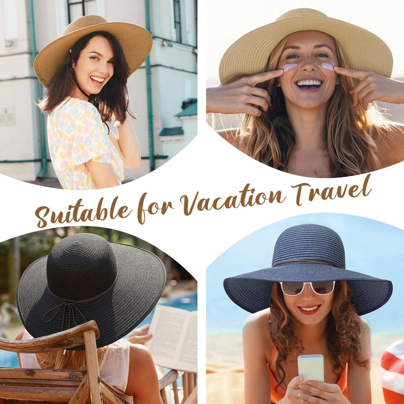 Sun Hats for Women, Straw Hats UPF 50+ UV Sun Protection, Wide Brim Packable Foldable Bowknot Womens Beach Hat for Summer Travel Khaki