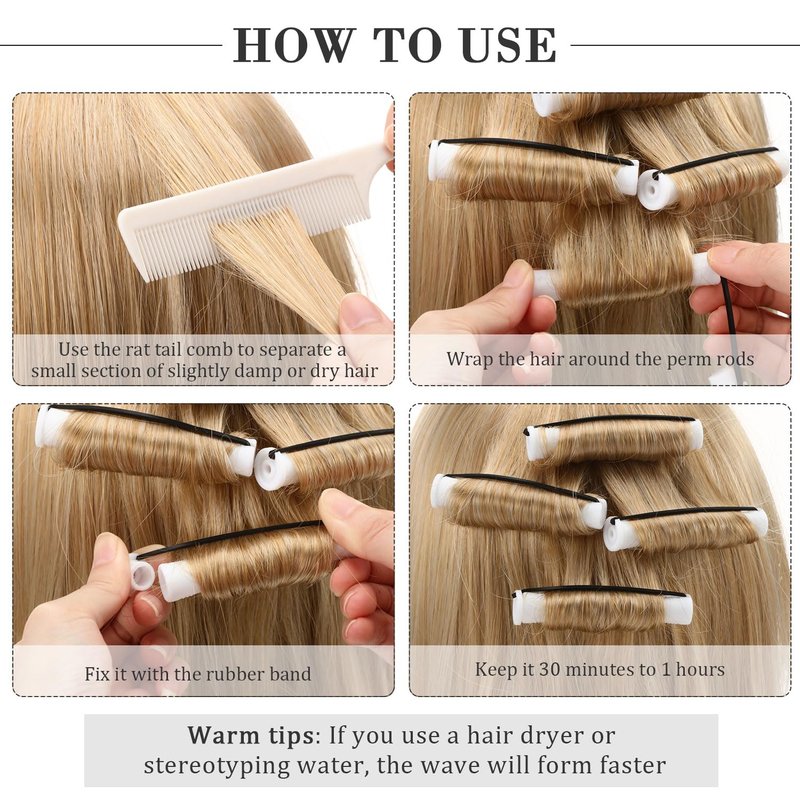 Chuangdi 24 Pcs Hair Perm Rods Plastic Cold Wave Perming Curlers Hair Rollers with Steel Pintail Comb Rat Tail Comb Tools for Hairdressing Styling(White,0.63 Inches)