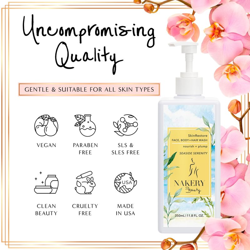 Nakery SkinRestore Hydrating Face & Body Wash with Hyaluronic Acid - Body Wash for Sensitive Skin - Foaming Face Wash & Oil Cleanser for Women 350ml - Sulfate Free & Cruelty Free - Seaside Serenity