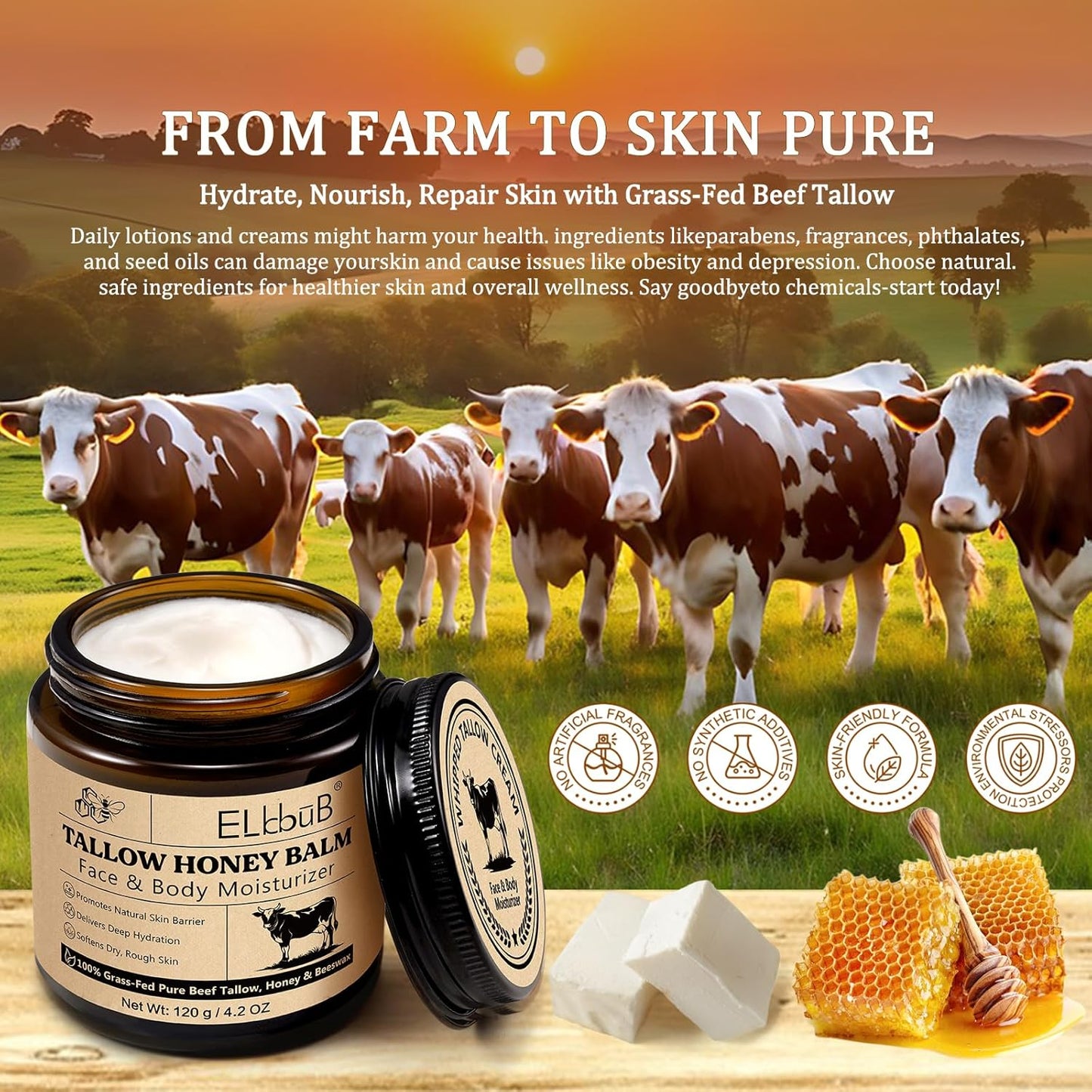 Whipped Tallow Cream for Face & Body - Grass-Fed Beef Tallow, Natural Honey & Beeswax Moisturizer | Deep Hydration, Oil-Free, Unscented