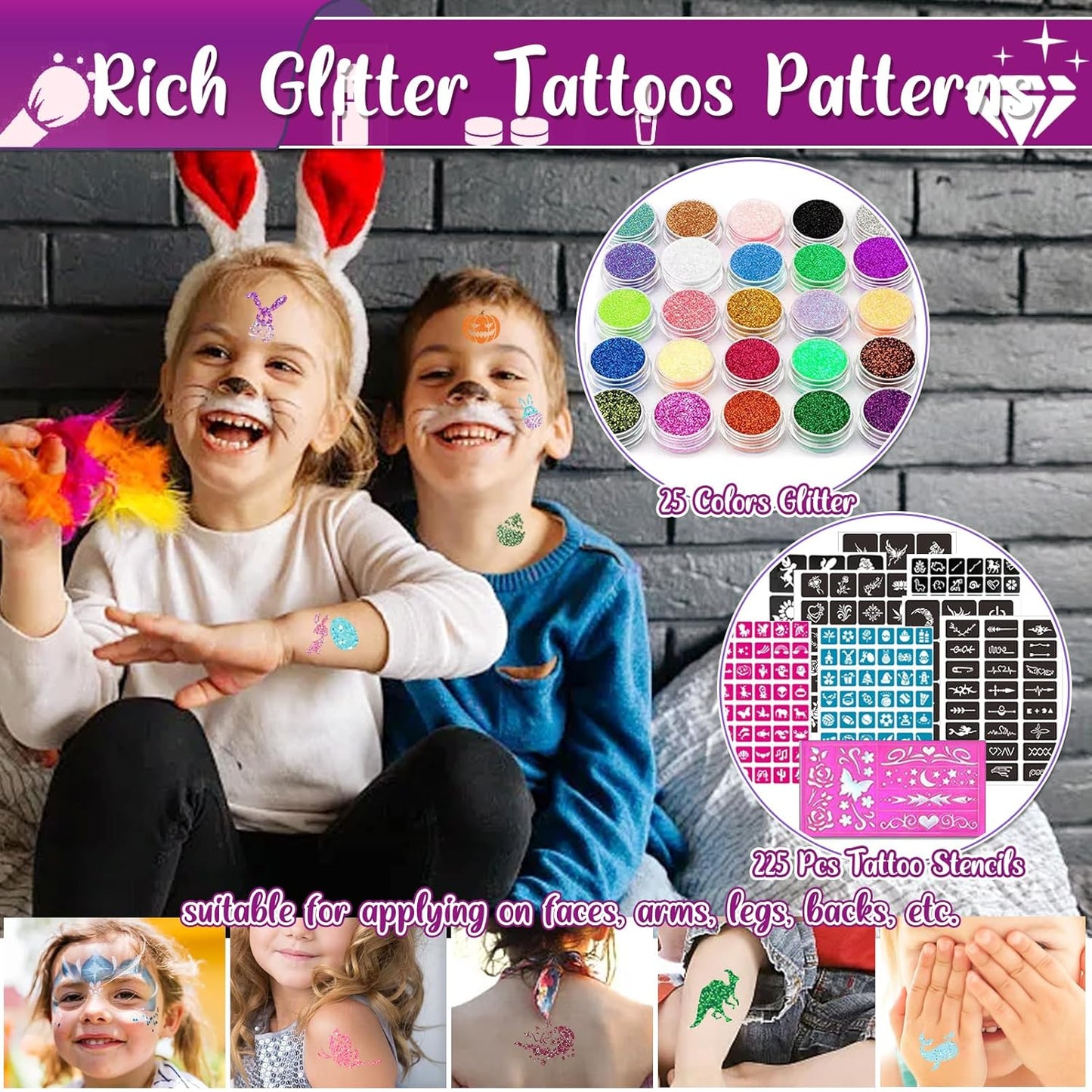 Kids Glitter Tattoo Kit - 25 Colors, 225 Stencils & Glow-in-the-Dark Temporary Tattoos | Perfect for Halloween & Birthday Fun