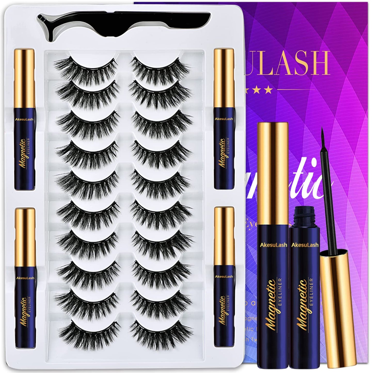 AkesuLash Eyelashes Magnetic Lashes with Eyeliner,10 Pairs Reusable Full Volume Cat Eye Magnetic Eyelash kit with Applicator - Upgraded Long Lasting,Natural Looking,- Easy Magnetized Eyelash