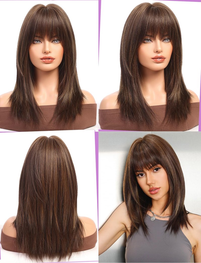 Getshow Dark Brown Wigs for Women layered Straight Wig with Bangs Natural Synthetic Hair