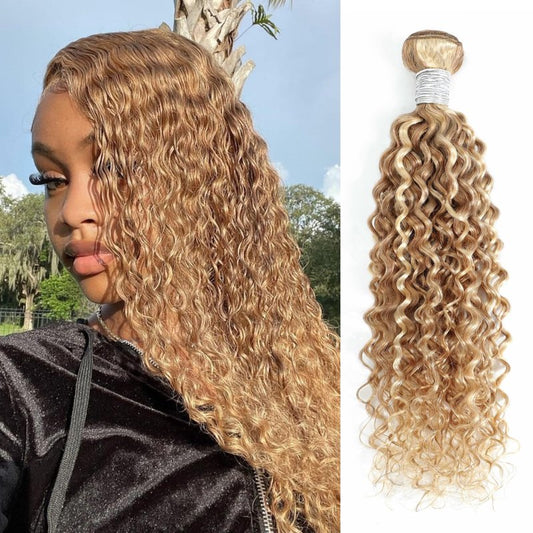 AUROO 27/613 Ombre Blonde Bundle Human Hair Water Wave, 13A Grade Highlighted Multi-Blonde Human Hair Wet n Wavy Curly Single Bundles 100% Raw Brazilian Silky Colored Hair Weaves Extension 10 Inch