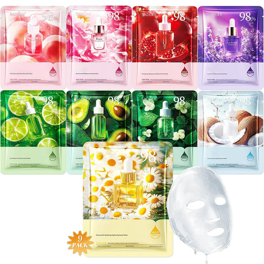 Charm Kiss 9 Pack Collagen Face Masks Skincare for Women,Rose Essential Oil Skin Rejuvenation Mask, Hydrating Sheet Face Masks Suitable for All Skin Types, Bulk Facial Masks for Women Skin Care