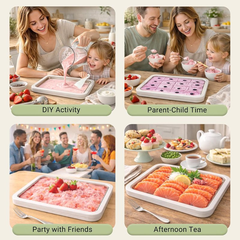 Rolled Ice Cream Maker - DIY Instant Ice Cream Tray with Lid & 2 Spatulas | 10.24'' x 8.24'' for Soft Serve & Frozen Treats