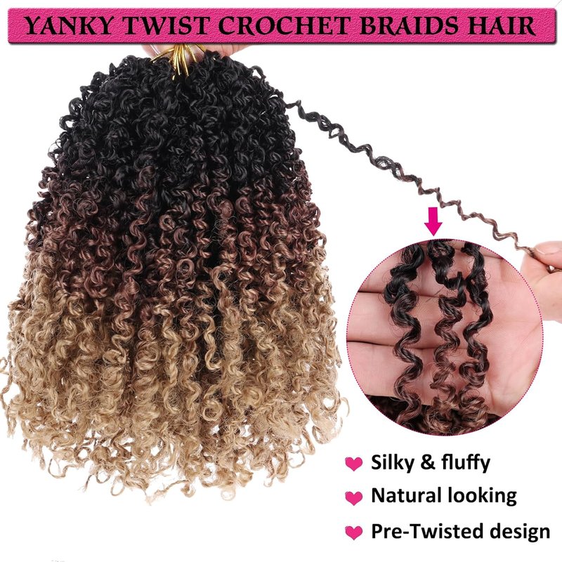 Pre-Twisted Yanky Twist Crochet Hair - Ombre Brown to Blonde, 10 Inch, 8PCS Bouncy Wavy Synthetic Extensions