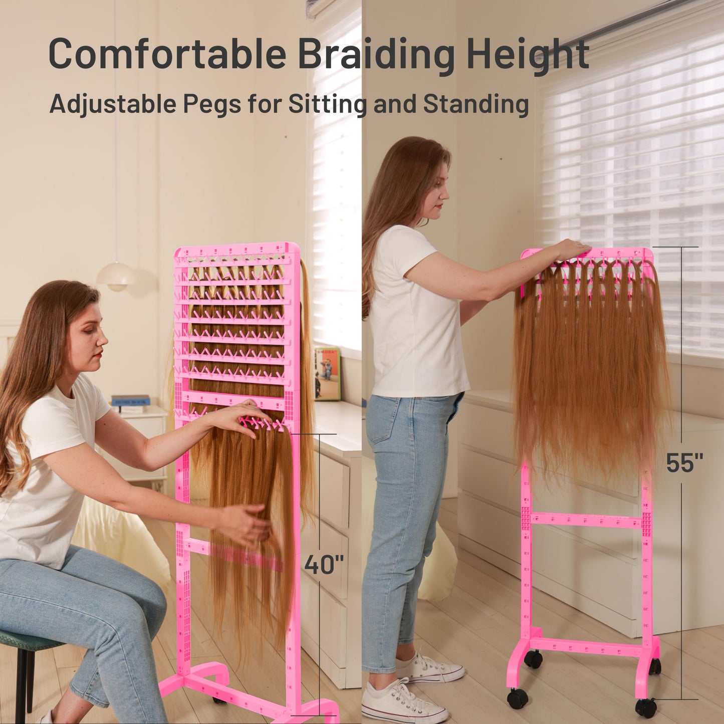 Yumkfoi Adjustable Braiding Rack with 160 Pegs, 2-sided Braid Rack for Braiders, Movable Hair Racks with Wheels, Hair Extension Holder for Braiders and Hairstylists