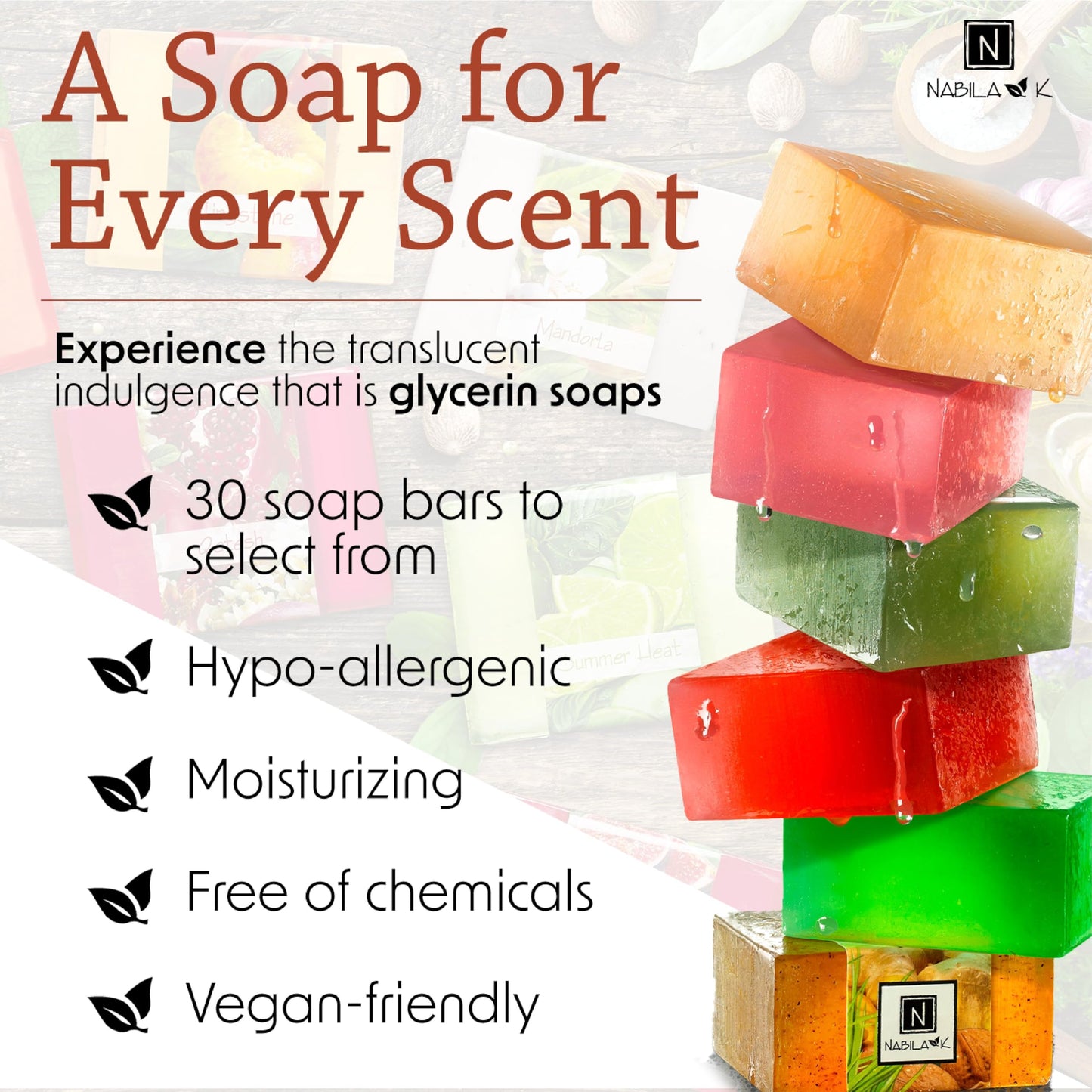 Nabila K Elements Glycerin Bar Soap Set of 3 | Green Essence, Royal Wood & White Horses | Natural, Vegan, Hypoallergenic | 100% Vegetable Glycerin, Sulfate-Free | 4.5 oz Each