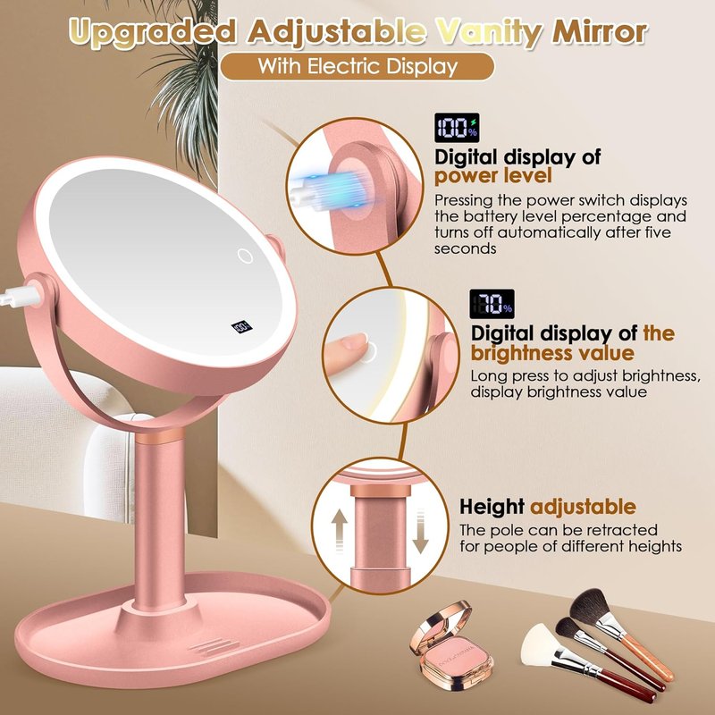 Makeup Mirror with Lights - 30X/1X Magnifying, Height Adjustable | Detachable Travel Vanity Mirror in Rose Gold