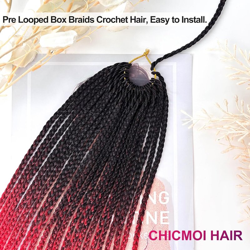 Ombre Red Crochet Braids - Pre-Looped 20 Inch Box Braids for African Women | 6 Packs, Small Size