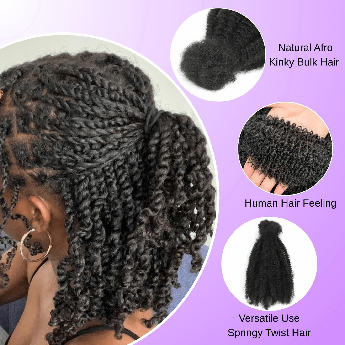 12inch Afro Kinky Bulk Hair for Micro Twist Braiding Hair, Synthetic Mini Spring Twist Curl 4 Packs 200 Gram, Natural Black 4C Afro Curly Hair Dreadlocks Extensions Repair Locs for Women(12", #1B)