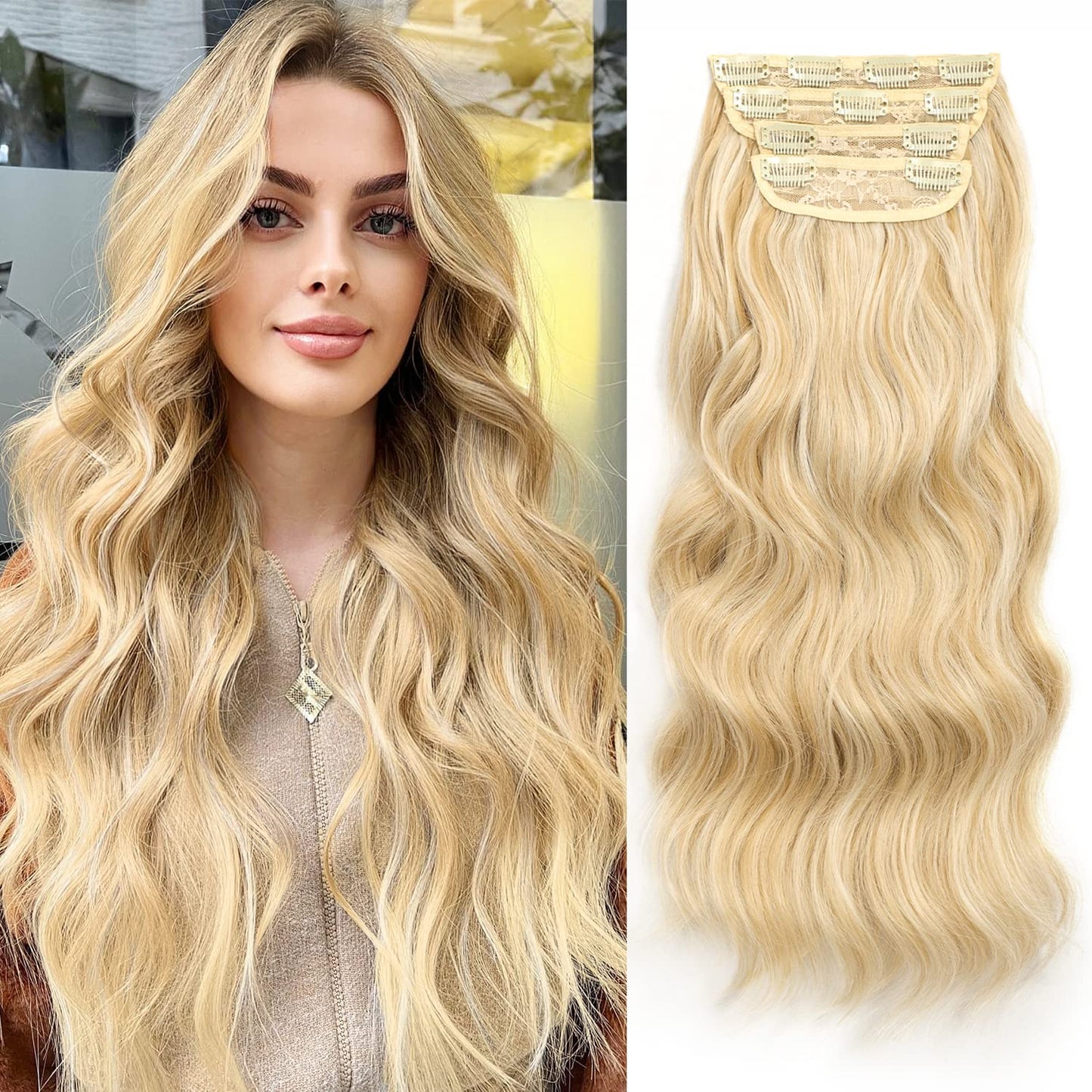 Nnzes Clip in Long Wavy Hair Extension 4PCS Thick Hairpieces Double Weft 20 Inch Synthetic Blonde mix Bleach Blonde Hair Extension for Women
